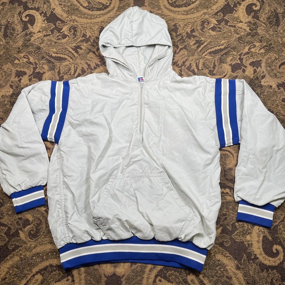 Vtg 90s Russell Athletic Jacket Mens Size Large Gray Blue Hooded 1/2 Zip